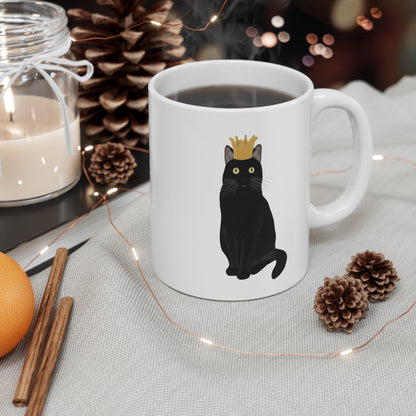 Black Cat with Crown Cat Lover Ceramic Mug White