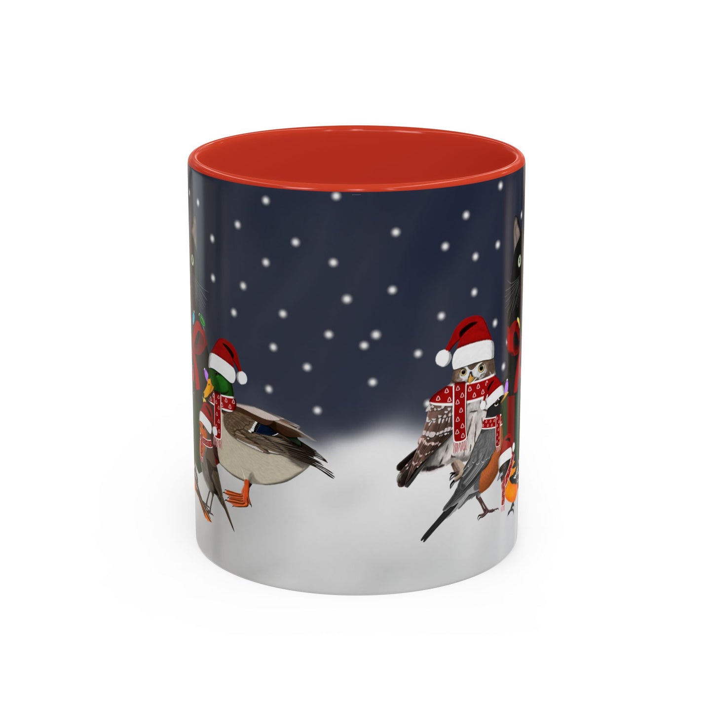 Robin Oriole Mallard Owl and Cat with Christmas Hat and Scarf Snow Bird Coffee Mug