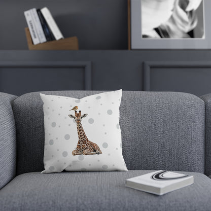 Rotkehlchen mit Giraffe Vogel Tiermotiv Kissen – Dekokissen mit Vogelmotiv Weiß mit grauen Punkten