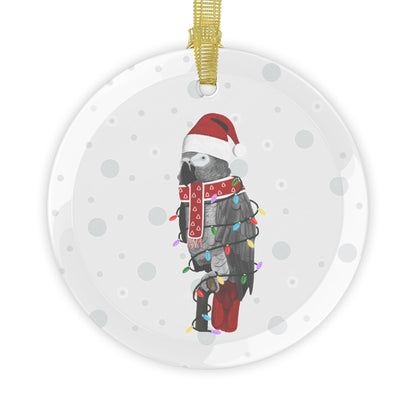 Grey Parrot as Santa Claus with Fairy Lights Christmas Glass Ornament