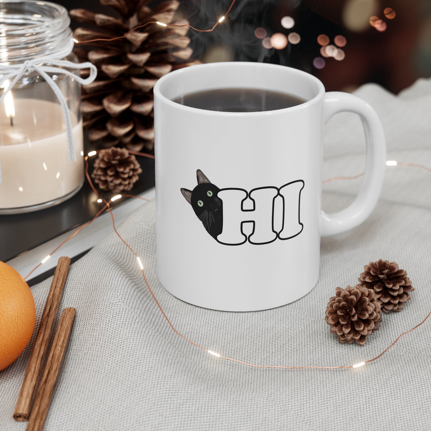 Funny Black Cat Hi Cat Lover Ceramic Mug White