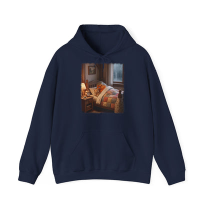 Süßes Rotkehlchen Hoodie im Bett mit Teddy | Kuscheliger Vogel Kapuzenpullover für Langschläfer