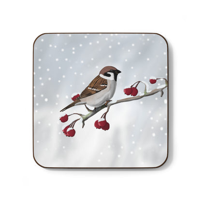 Tree Sparrow on a Winter Branch Christmas Hardboard Coaster