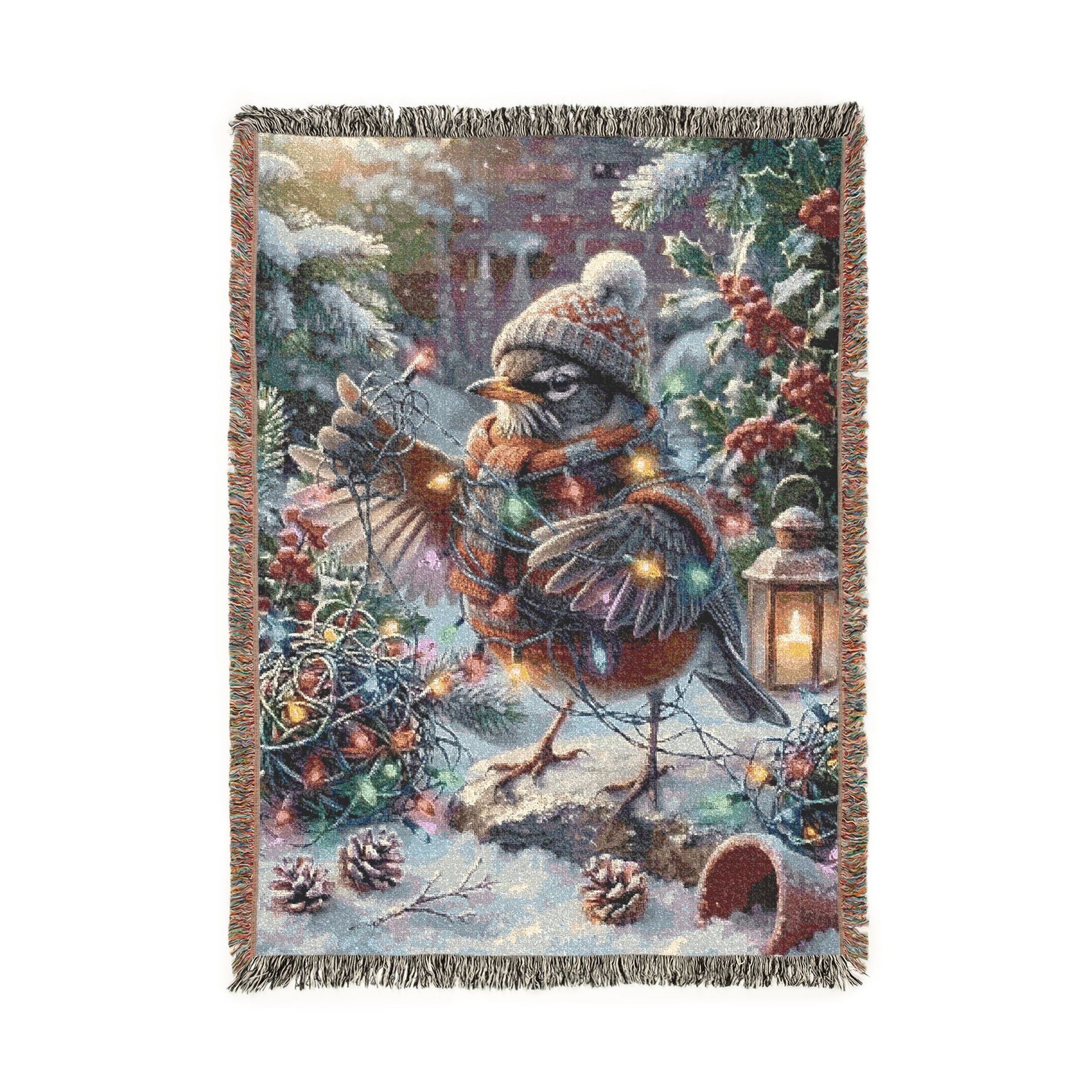 A rectangular woven throw blanket with fringed edges, featuring a whimsical winter woodland scene with a robin in a hat and scarf, pinecones, berries, evergreen branches, and warm string lights on a white background.