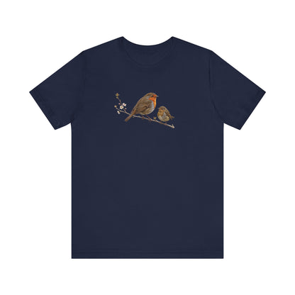 European Robin & Fledgling T-Shirt | Spring Blossoms Unisex Graphic Tee