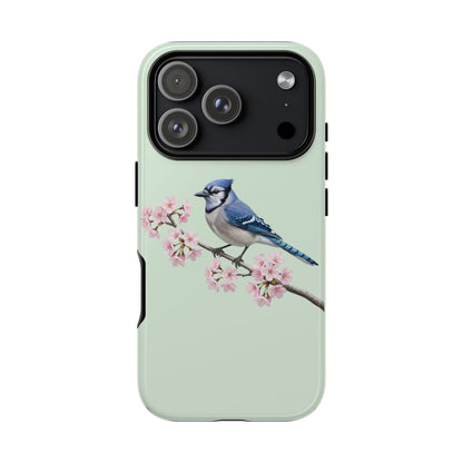 Blauhäher Handyhülle in Salbeigrün | Florales Kirschblüten Vogel-Motiv für iPhone & Google Pixel