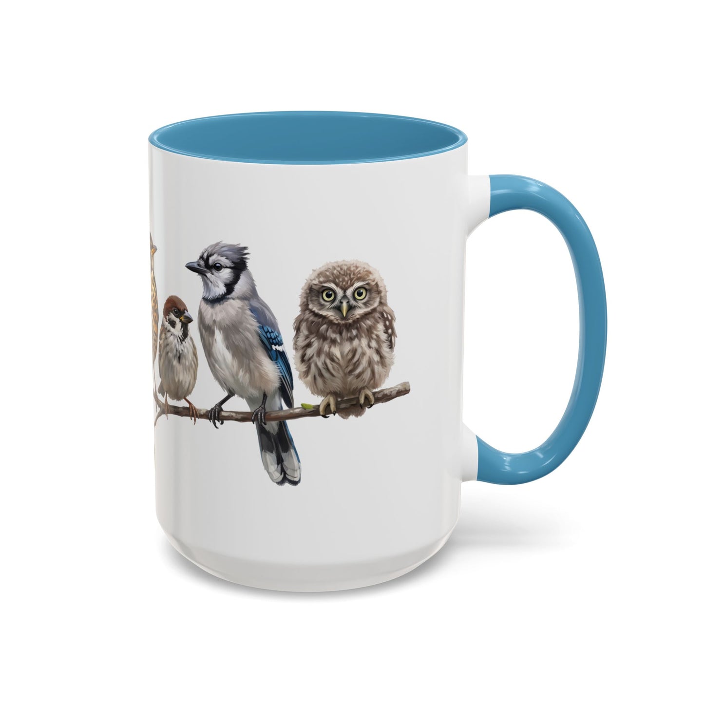 Blue Jay Cardinal Bluebird Little Owl Fledglings Two-Tone Mug | Spring Bird Lover Gift