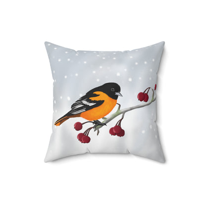 Baltimore Oriole on a Winter Branch Christmas Bird Throw Pillow 16"x16"