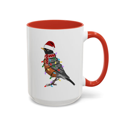 American Robin as Santa with Fairy Lights Ceramic Bird Coffee Mug – Custom Gift for Bird Watchers
