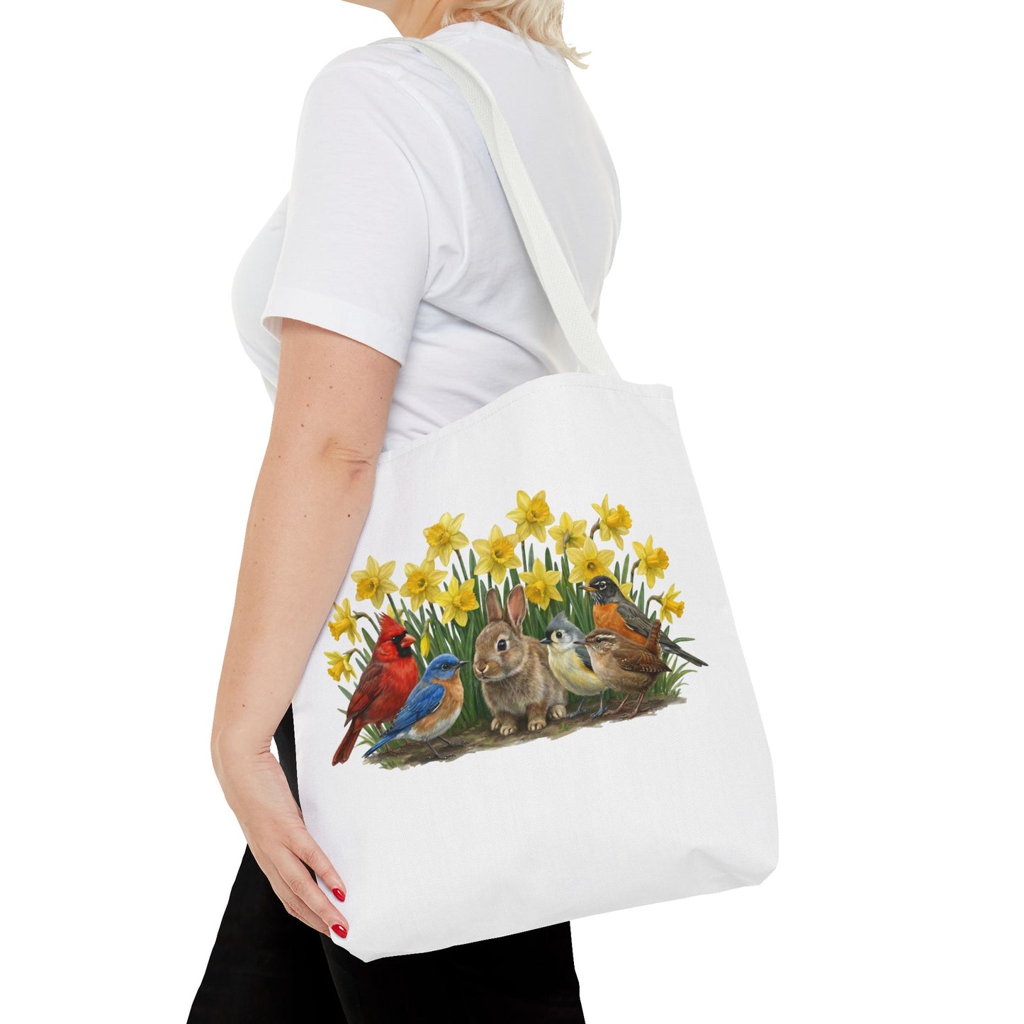 Spring Tote Bag – Cardinal, Bluebird & Bunny | Reusable Easter Basket & Market Shopper (16"x16")