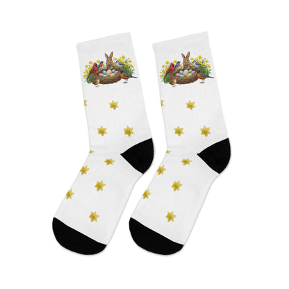 Spring Rabbit & Cardinal, Bluebird, Robin Easter Eggs – Daffodil Pattern Easter Socks