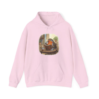 Rotkehlchen liest Bücher und trinkt Kaffee Vogel Hoodie - Kapuzenpullover für Vogelbeobachter mit Vogelmotiv