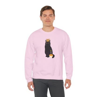 Black Birthday Cat with Muffin and Golden Crown Cat Lover Sweatshirt