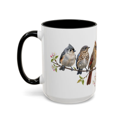 Blue Jay Cardinal Bluebird Little Owl Fledglings Two-Tone Mug | Spring Bird Lover Gift