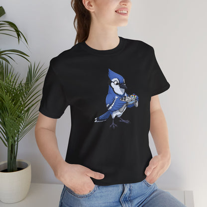 Blue Jay Playing Video Games Funny Gamer and Bird Lover T-Shirt