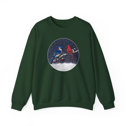 Blue Jay and Cardinal on a Winter Branch Christmas Bird Sweatshirt