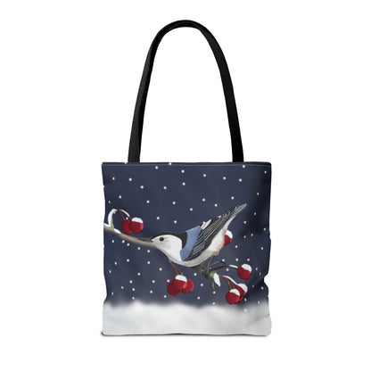 Nuthatch on a Winter Branch Christmas Bird Tote Bag 16"x16"