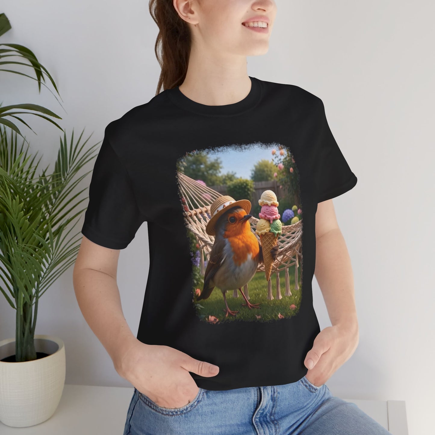 Robin Rosi Ice Cream in the Garden Premium T-Shirt for Bird Lovers