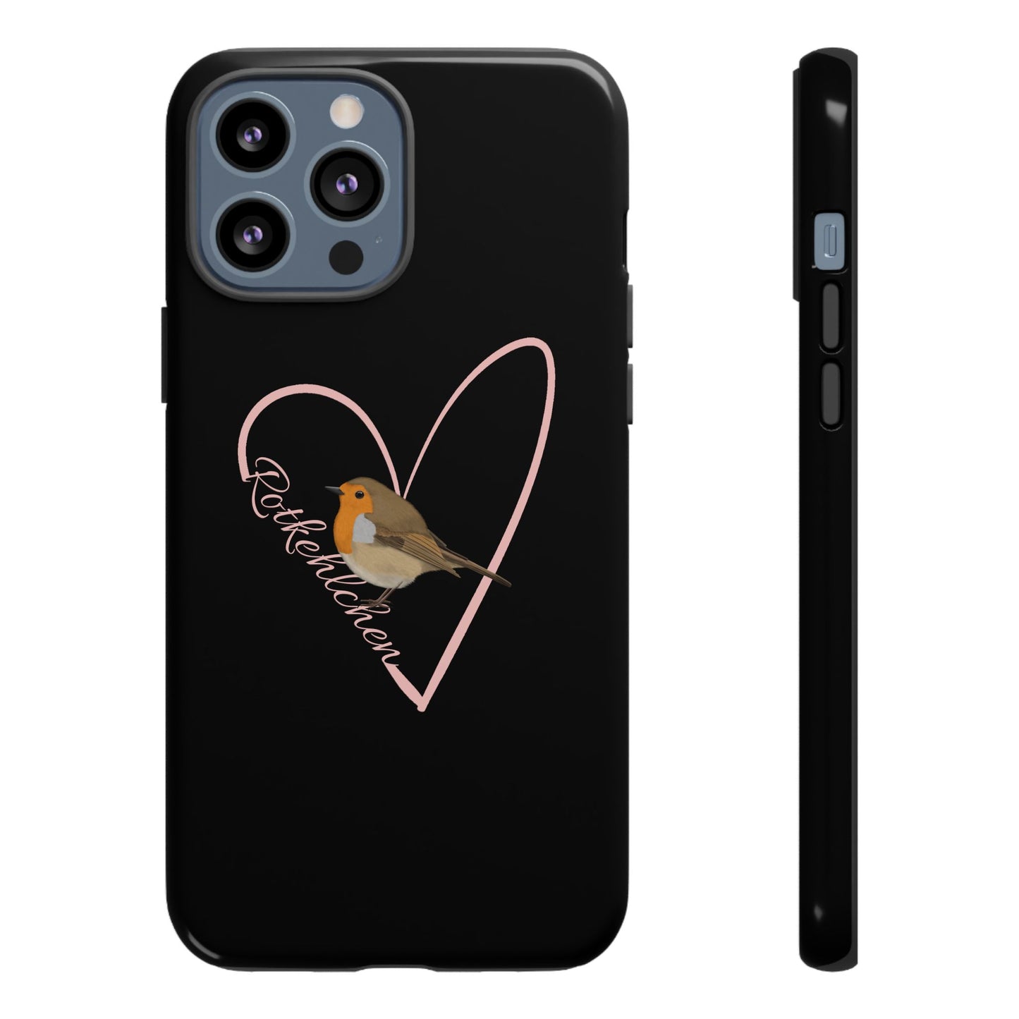Rotkehlchen mit Herz Premium Handyhülle – Doppelt Geschützt & Rundum Bedruckt Schwarz