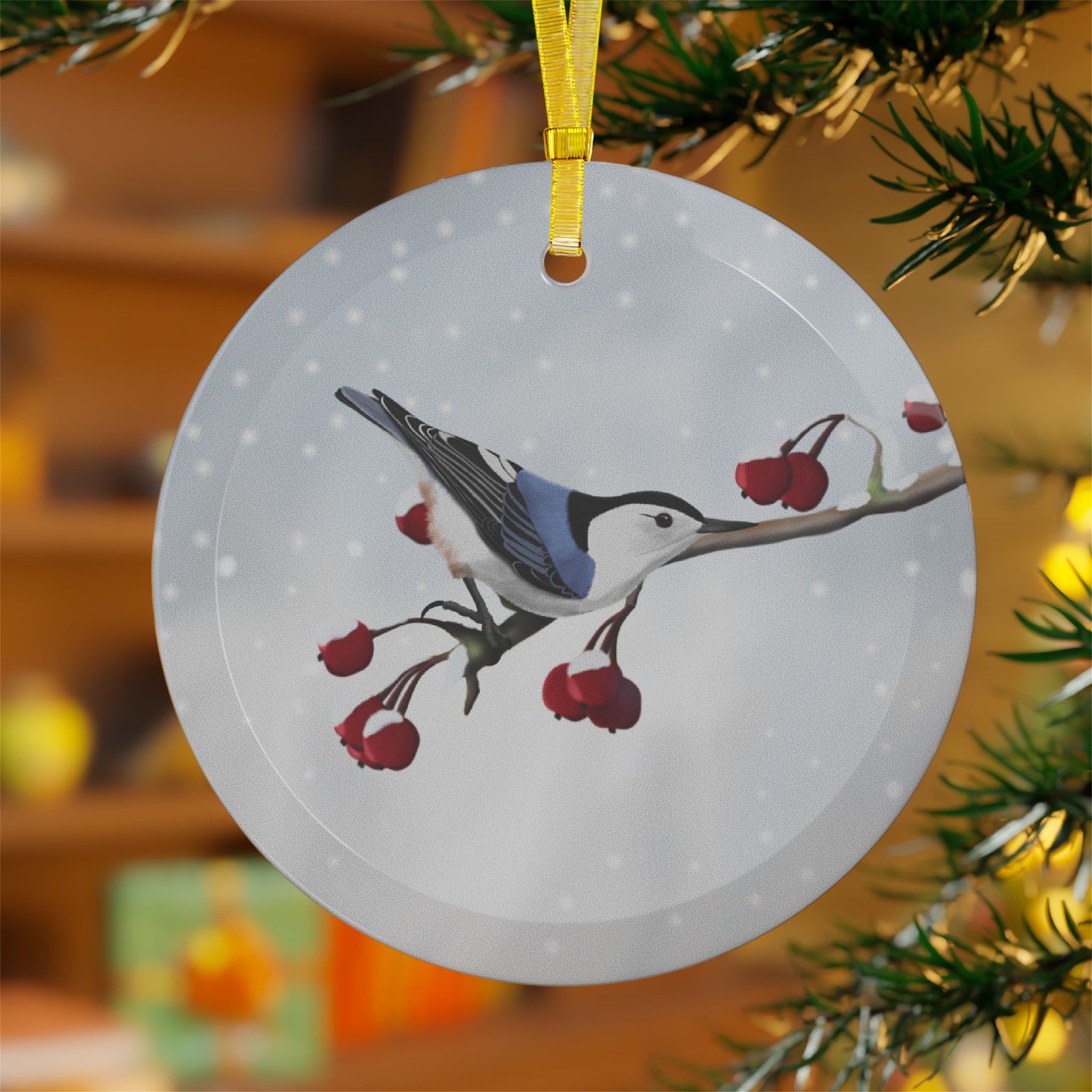 Nuthatch Snow Bird Christmas Glass Ornament White