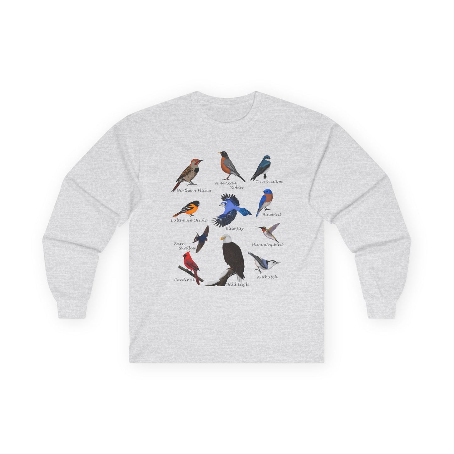 Bald Eagle Blue Jay Cardinal Robin on a Branch Birdwatching Cotton Long Sleeve T-Shirt