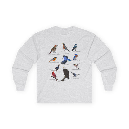 Bald Eagle Blue Jay Cardinal Robin on a Branch Birdwatching Cotton Long Sleeve T-Shirt