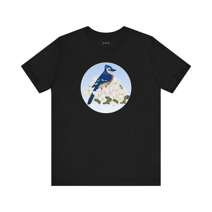 blue jay bird t-shirt with spring blossoms