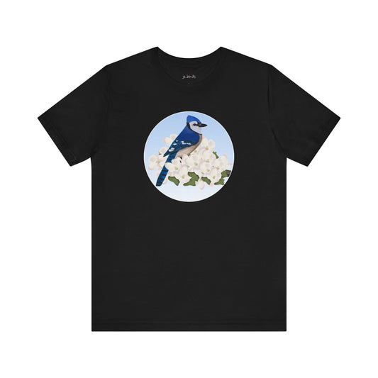 blue jay bird t-shirt with spring blossoms