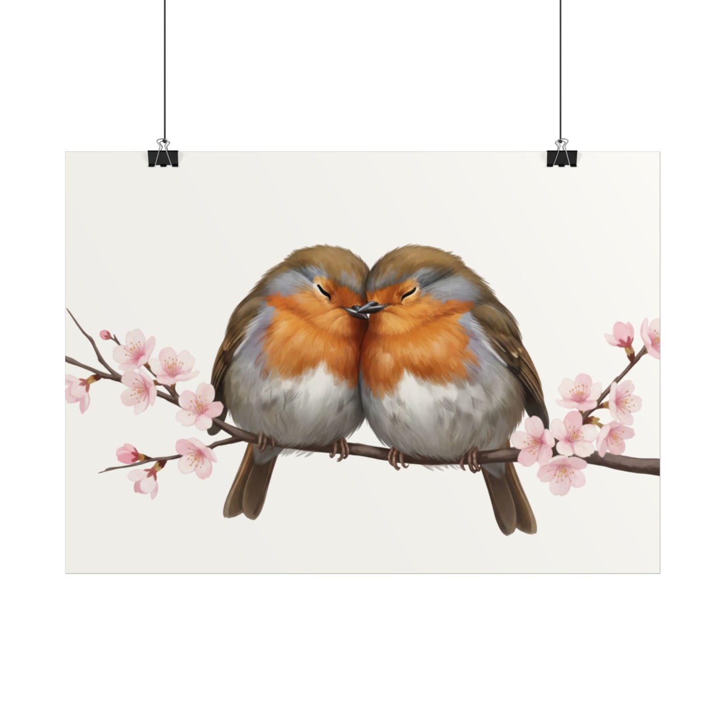 Premium Poster mit Rotkehlchen im Frühling und Kirschblüten (Matt)