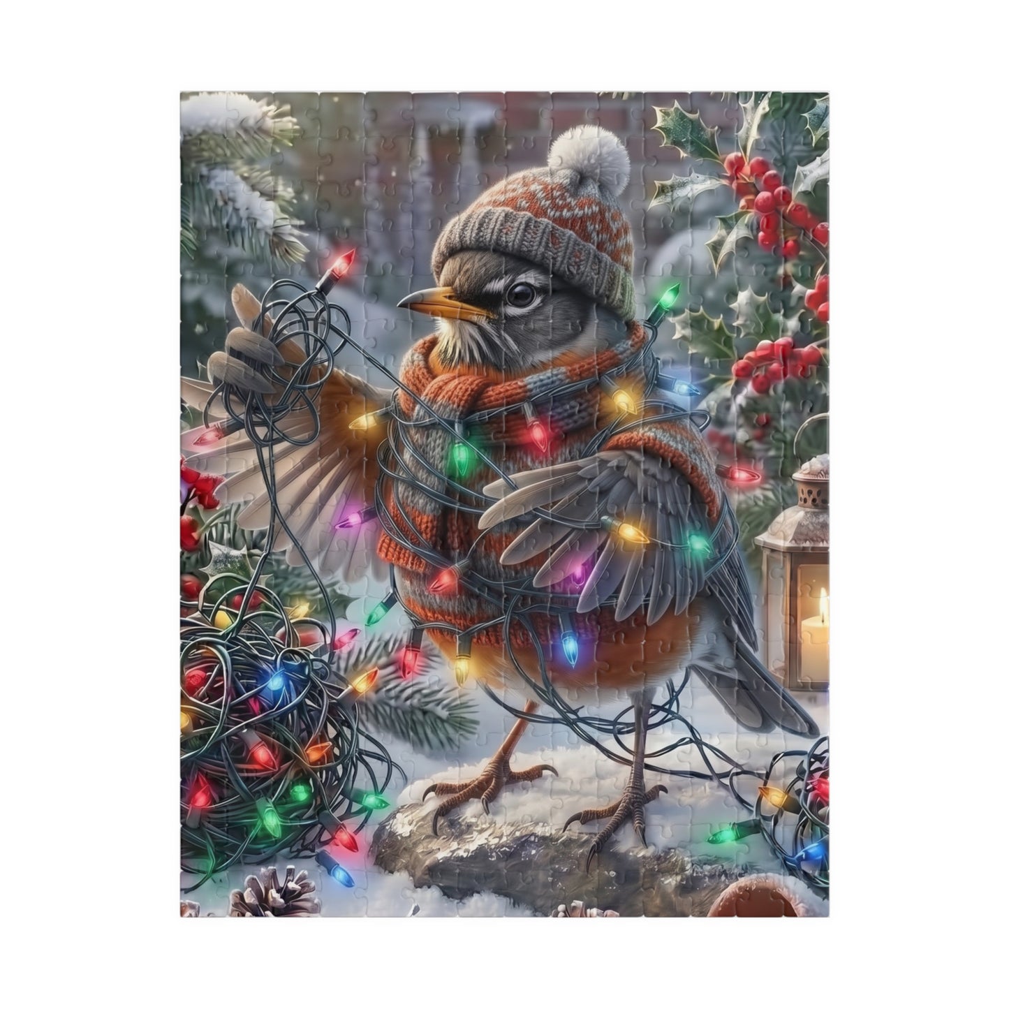 A square jigsaw puzzle featuring a winter holiday scene with a robin wearing a knit hat and scarf, surrounded by snow, holly, red berries, and multicolored Christmas lights. The artwork is centered on a light gray background.