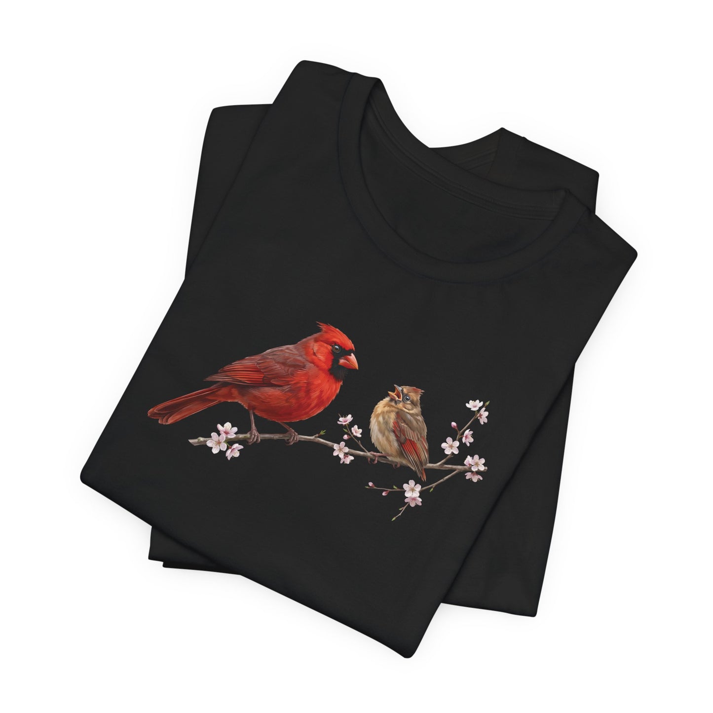 Northern Cardinal & Fledgling T-Shirt | Spring Blossoms Unisex Graphic Tee