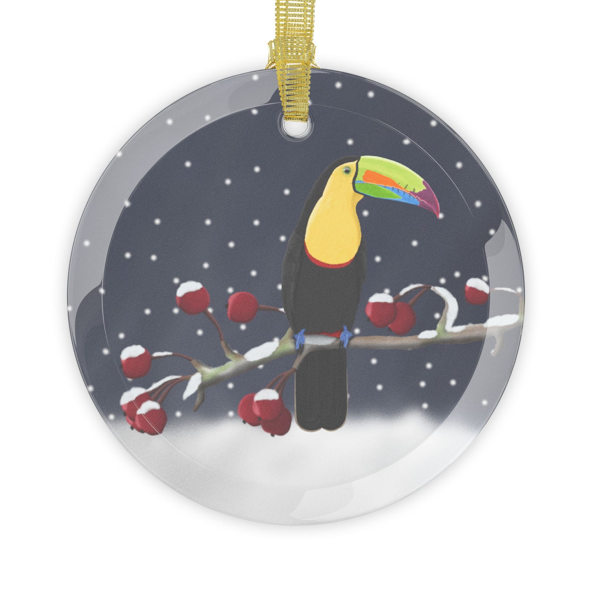 Toucan on a Winter Branch Christmas Bird Glass Ornament