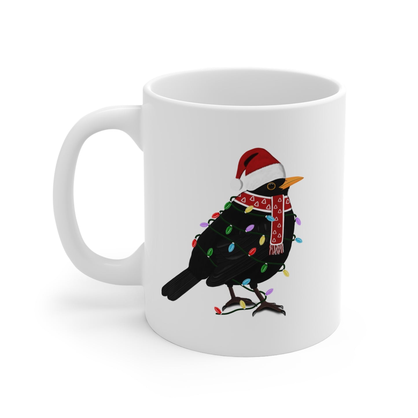 Amsel Tasse Vogel als Weihnachtsmann mit Lichterkette Weiß für Vogelfreunde