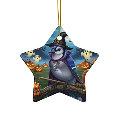 Funny Blue Jay Bird Halloween Ornament, Double-Sided Ceramic Decor for Spooky Season
