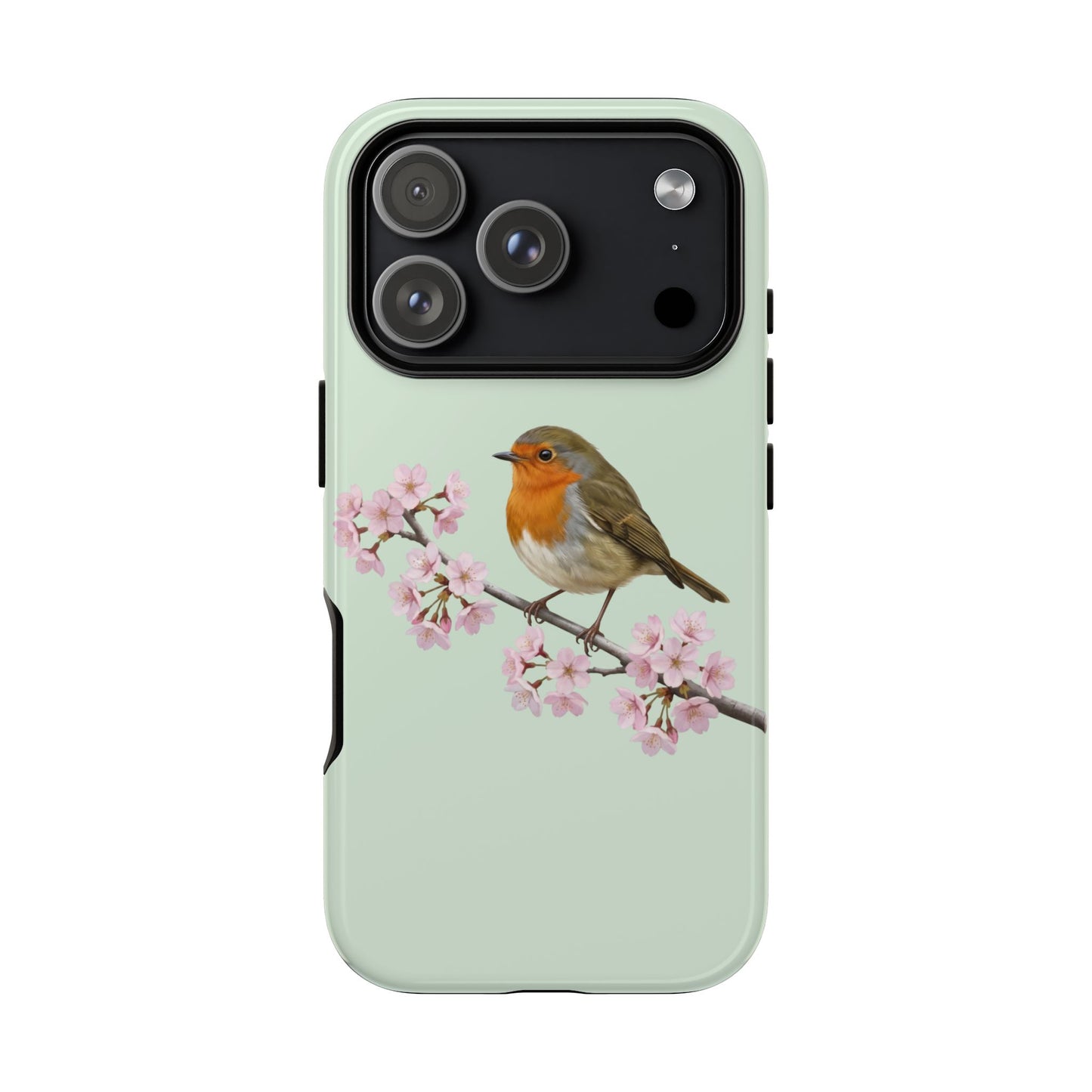 Rotkehlchen Handyhülle in Salbeigrün | Florales Kirschblüten Vogel-Motiv für iPhone & Google Pixel