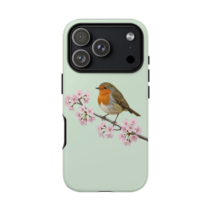 Rotkehlchen Handyhülle in Salbeigrün | Florales Kirschblüten Vogel-Motiv für iPhone & Google Pixel