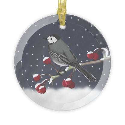 White Wagtail on a Winter Branch Christmas Bird Glass Ornament