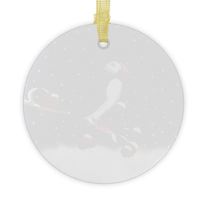 Puffin on a Winter Branch Christmas Bird Glass Ornament