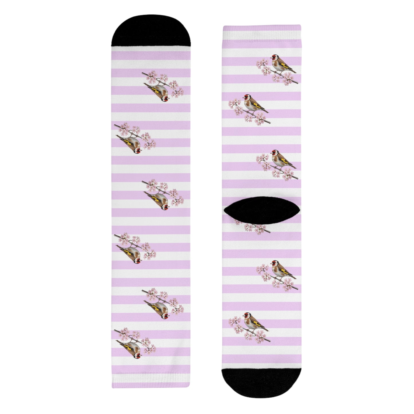 Stieglitz Socken – mit Kirschblüten | Weiß Rosa gestreifte Vogelmotiv Strümpfe