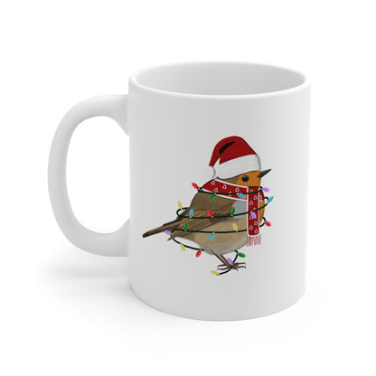 Rotkehlchen Tasse Vogel als Weihnachtsmann mit Lichterkette Weiß für Vogelfreunde