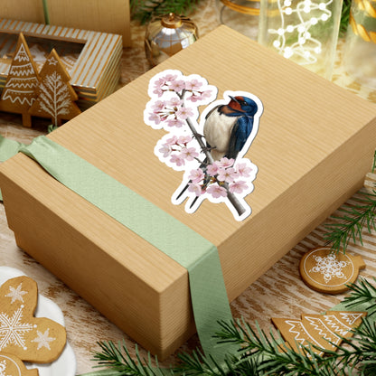 Barn Swallow Cherry Blossom Sticker | Glossy Floral Bird Decal | Spring Laptop Sticker