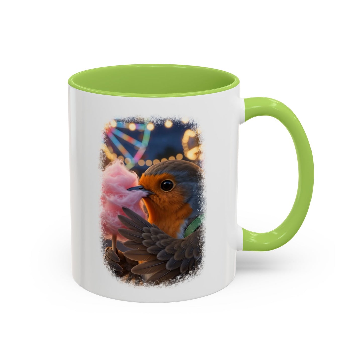 A white ceramic mug with a bright green handle and interior, featuring a printed graphic of a robin bird holding pink cotton candy against a dark, festive background.
