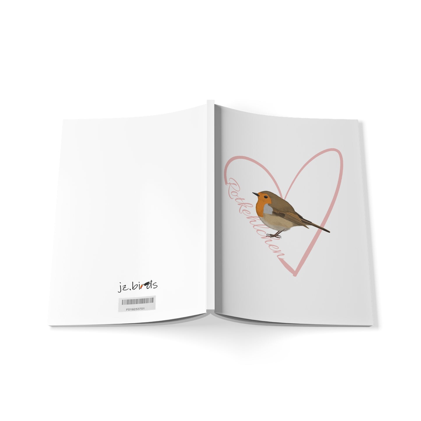 Rotkehlchen Notizbuch Vogel mit Herz A5 Softcover 150 Seiten Liniert Weiß