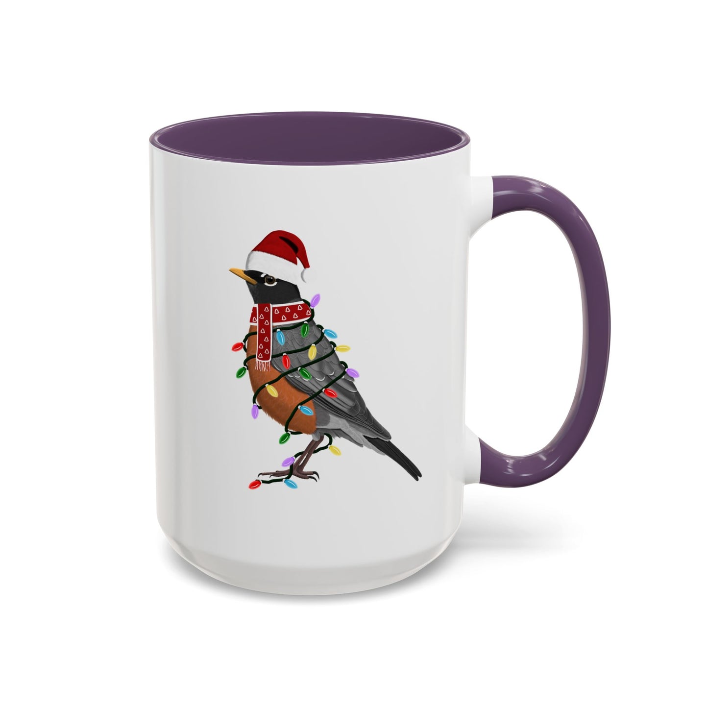 American Robin as Santa with Fairy Lights Ceramic Bird Coffee Mug – Custom Gift for Bird Watchers