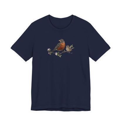American Robin & Fledgling T-Shirt | Spring Blossoms Unisex Graphic Tee
