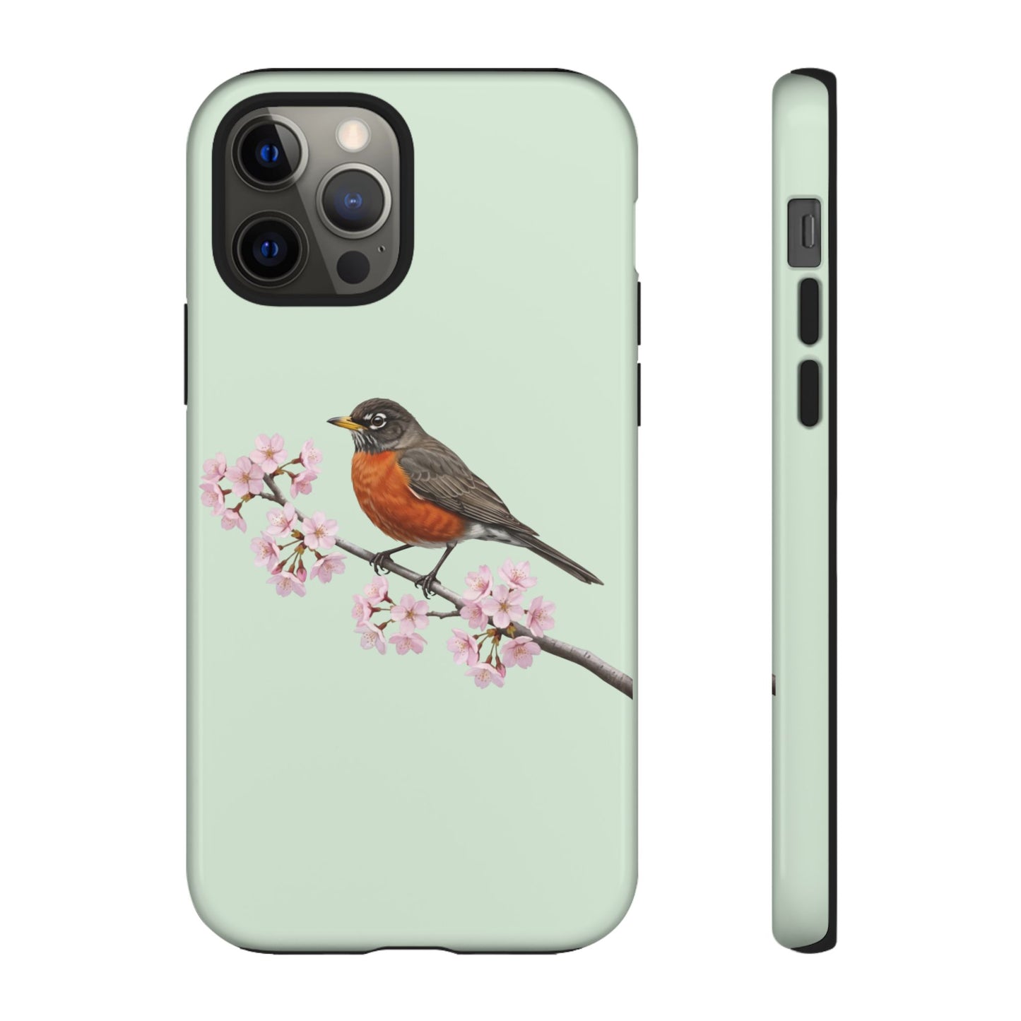 Wanderdrossel Handyhülle in – Salbeigrün | Florales Kirschblüten Vogel-Motiv für iPhone & Google Pixel