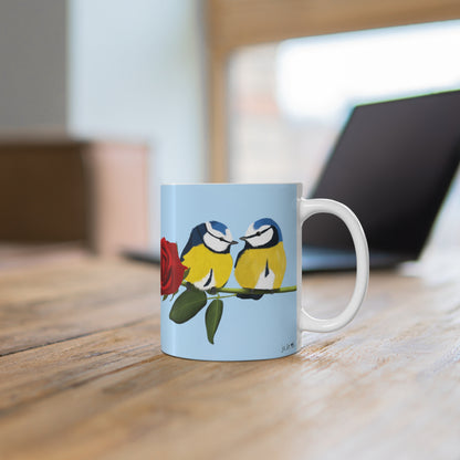 Blue Titmice on a Rose Valentine's Day Bird Ceramic Mug 11oz - jz.birds