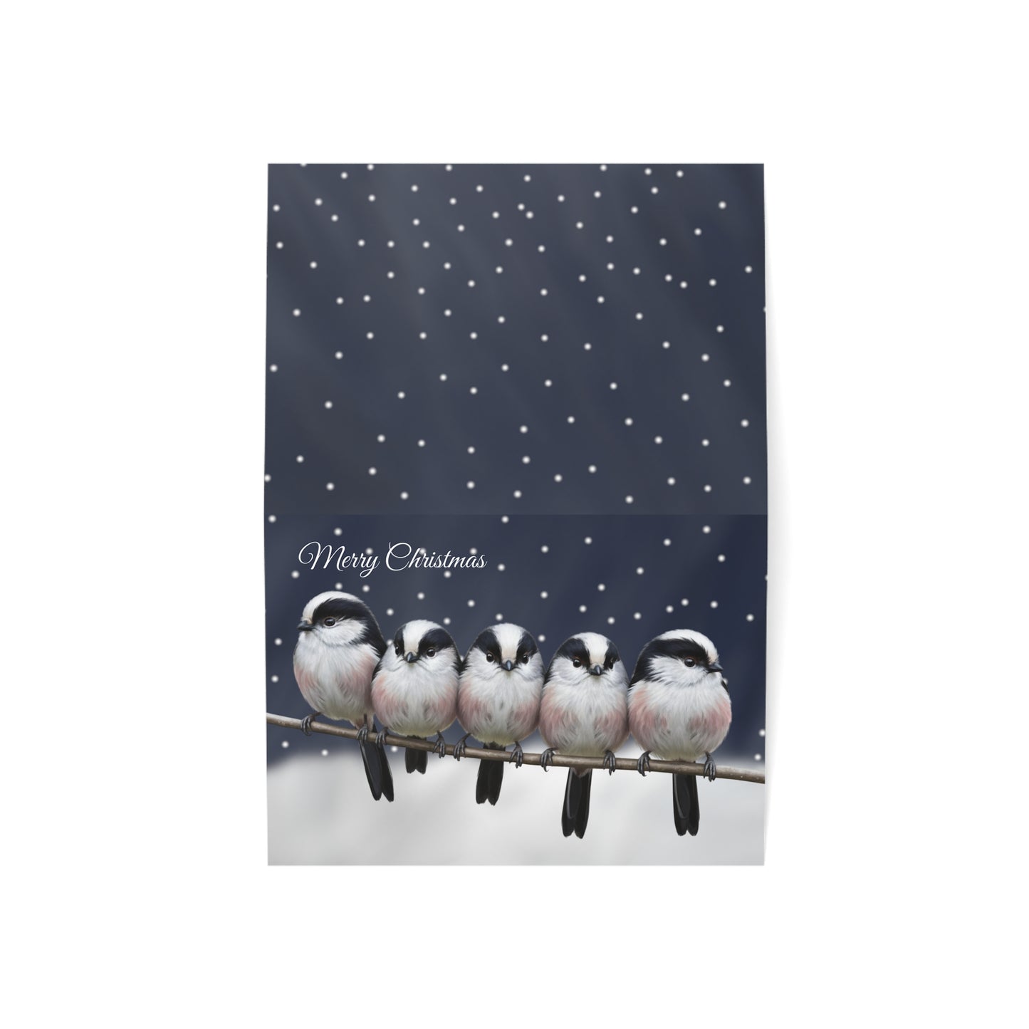 Long Tailed Titmice Bird Art Premium Christmas Card 7x5" | Double-Sided Matte Holiday Greeting