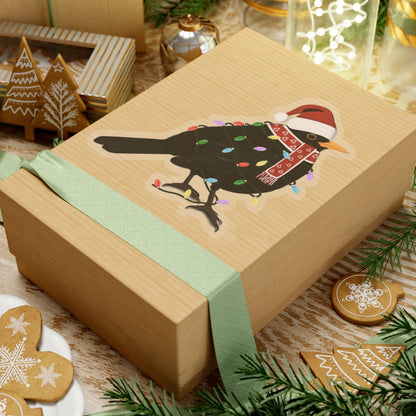 Blackbird with Fairy Lights Santa Claus Hat and Scarf Christmas Bird Sticker