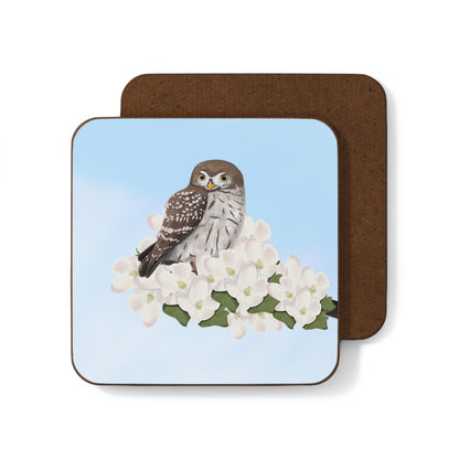 Little Owl Apple Blossoms Bird Hardboard Coaster